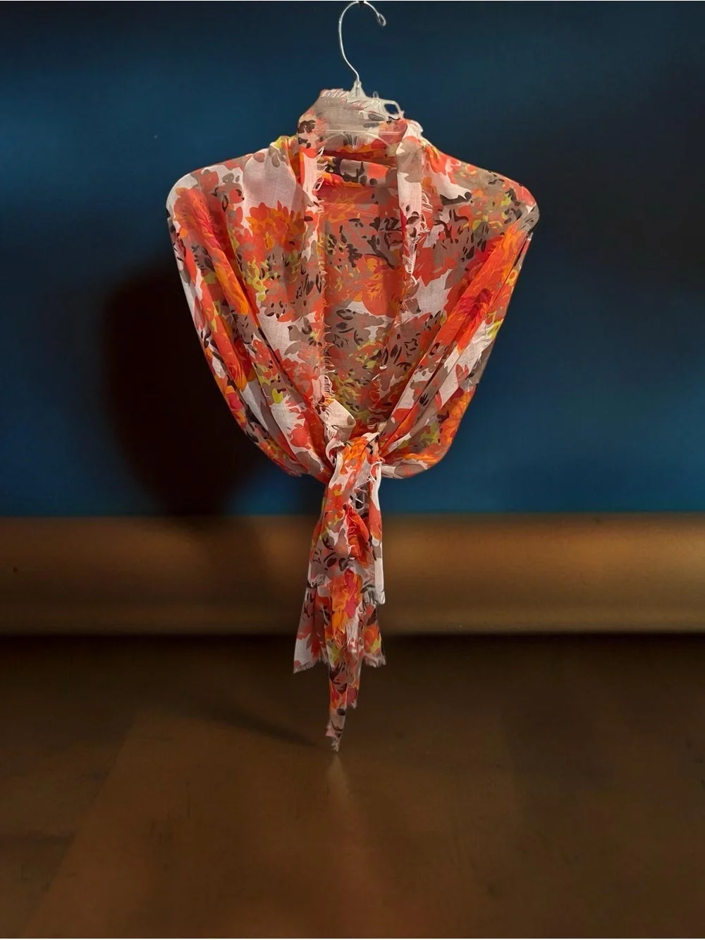 Orange Coral Floral Cotton Gauze Lightweight Summer Scarf Frayed Edge Wrap